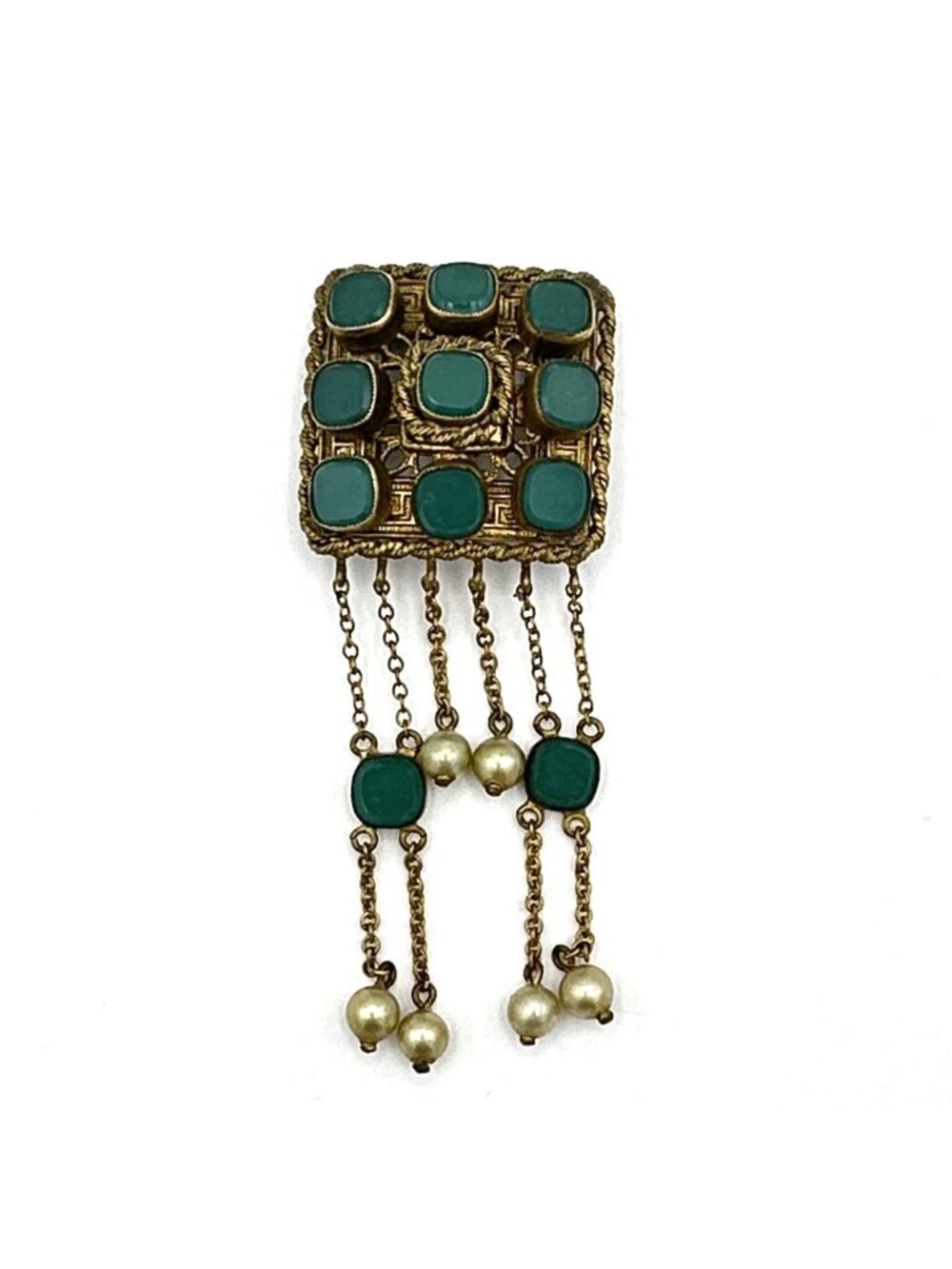 ETRUSCAN REVIVAL vintage brooch - matte gold-tone filigree pin green glass pearl